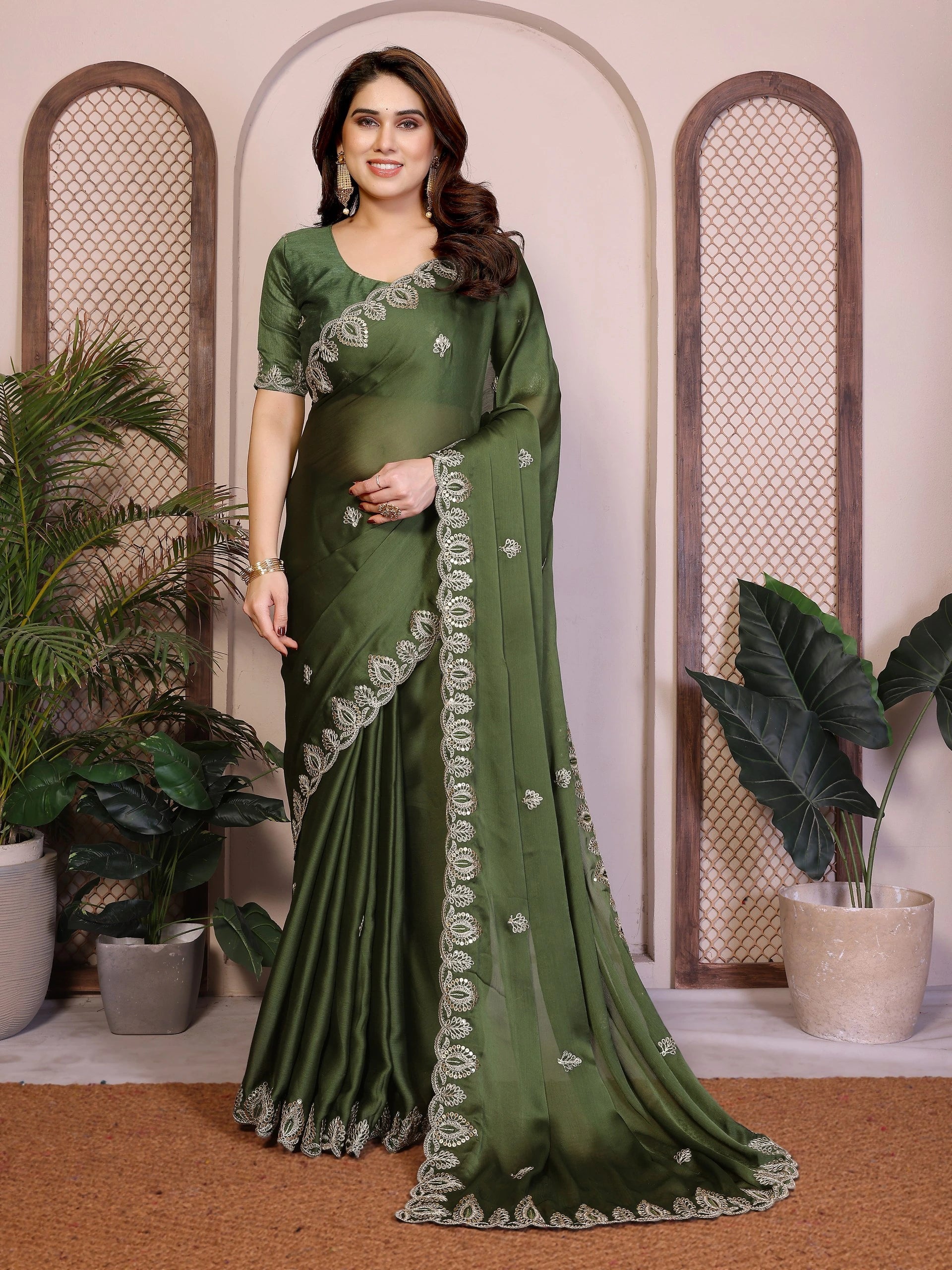 Dark Green Satin Chiffon Saree Kalyanja Fashion
